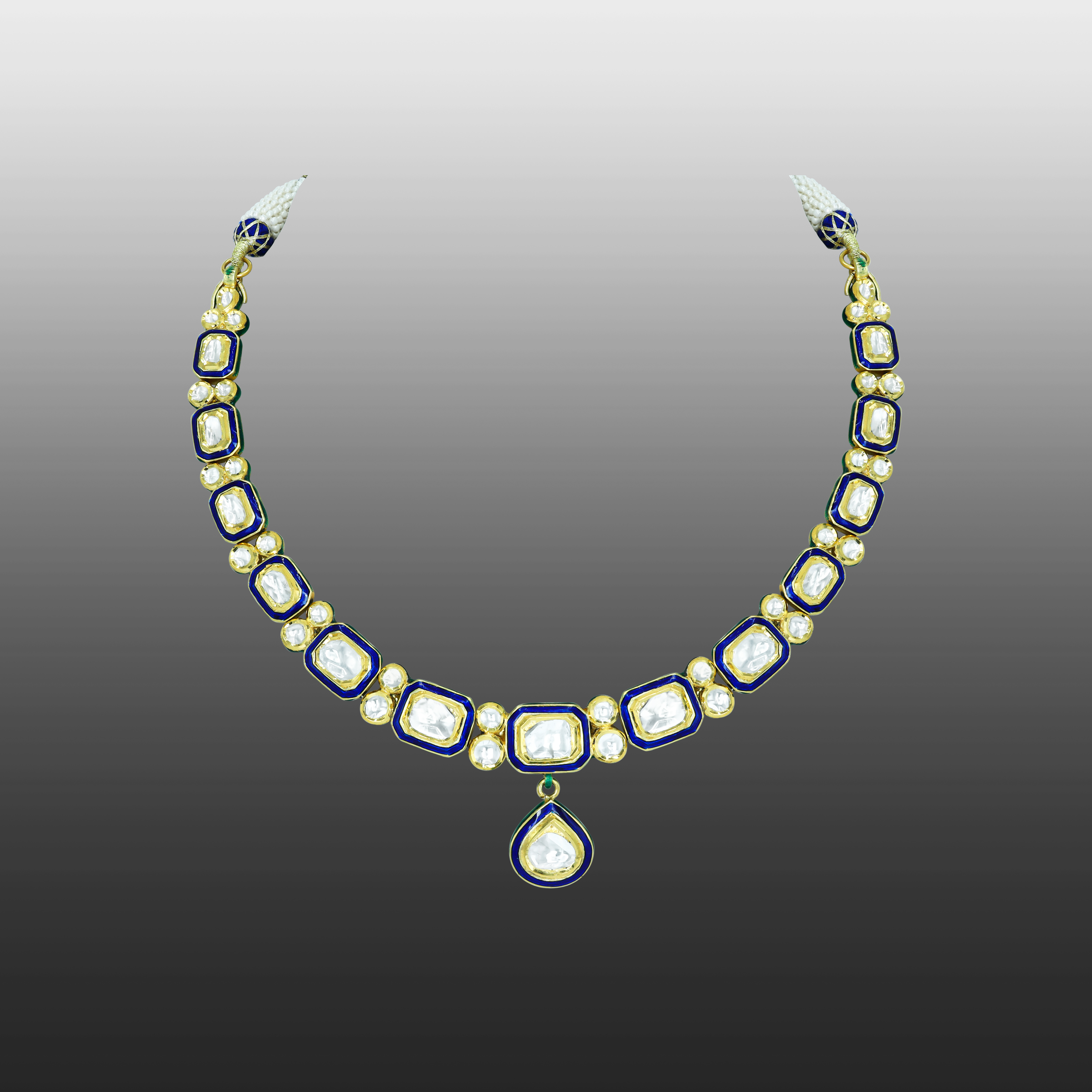 Square and Teardrop Polki Necklace with Blue Meena
